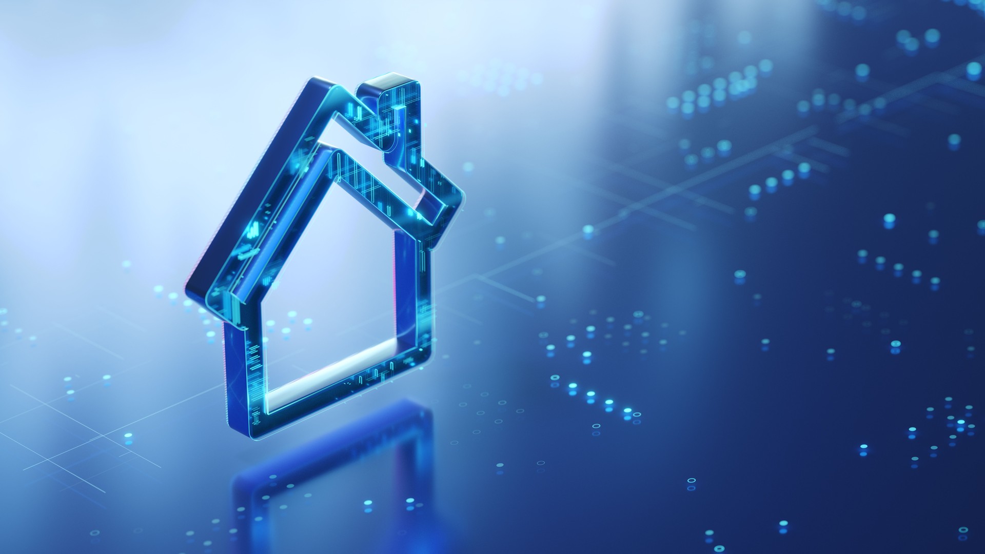 Home 3d icon on the glossy futuristic surface with abstract glowing dots and lines